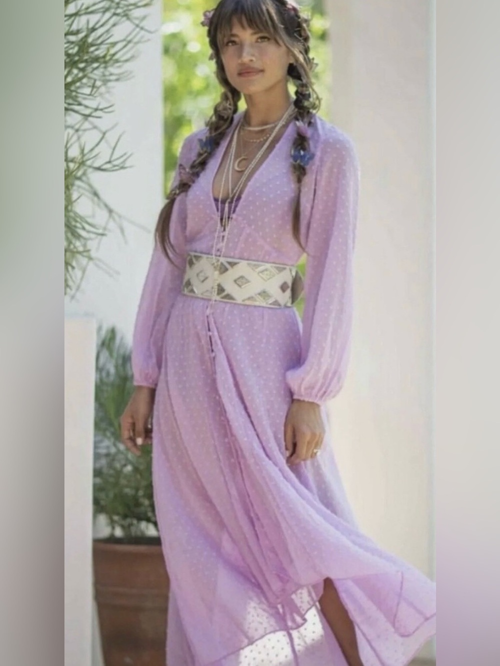EXPRESS ROCKY BARNES LILAC SWISS DOT SHEER BUTTON FRONT KIMONO DRESS